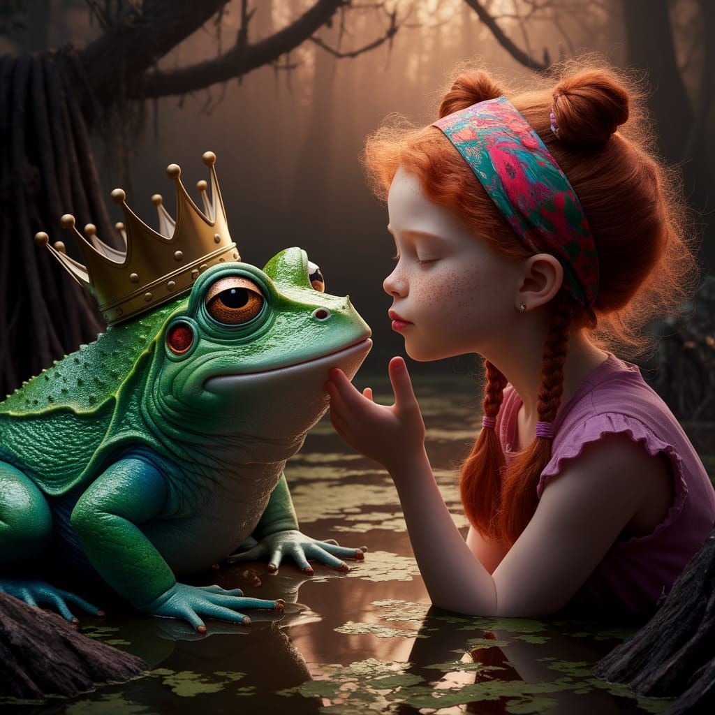 Girl Kisses Toad Prince in Enchanted Swamp
