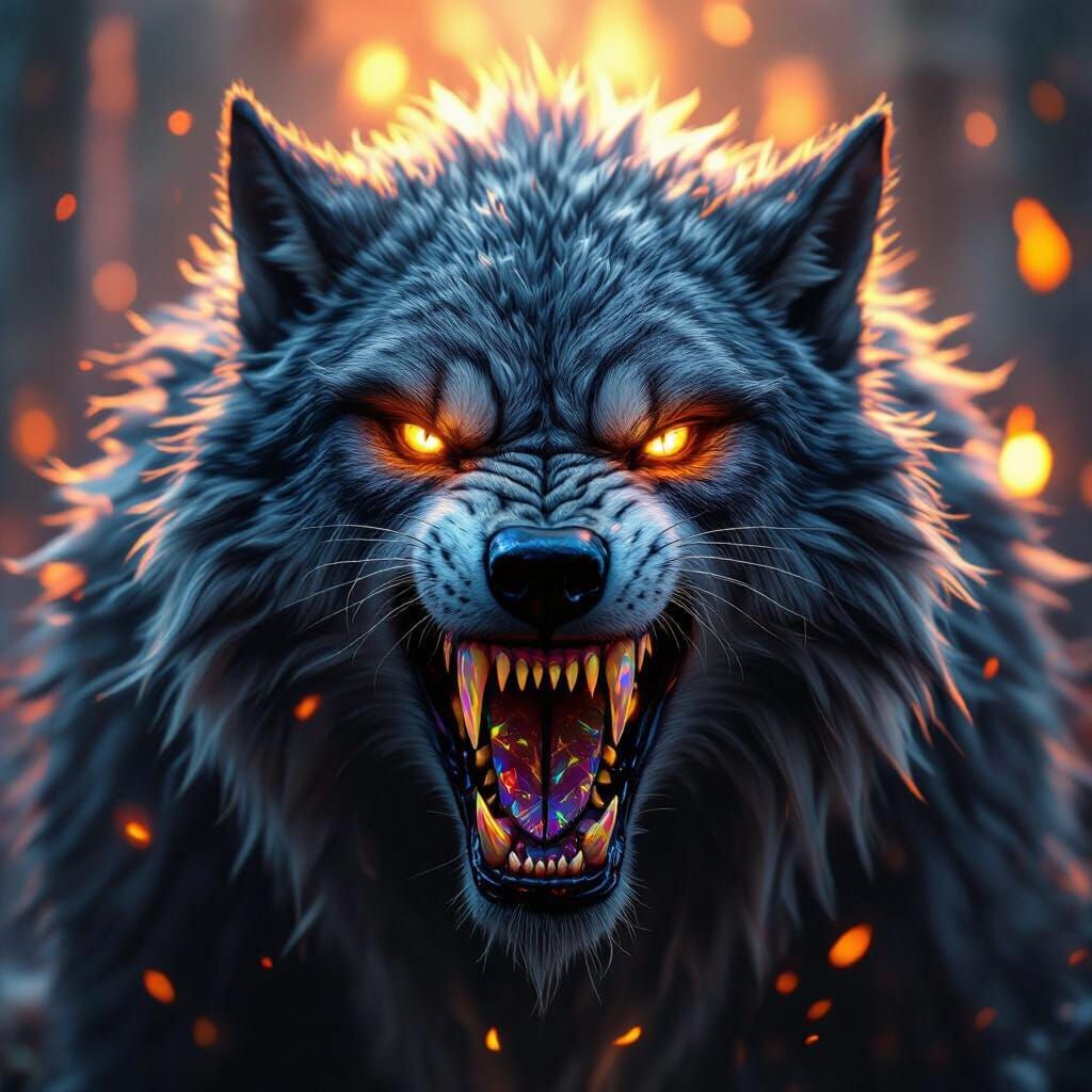 Fenrir Wolf with Gemstone Teeth, Cinematic Film Still