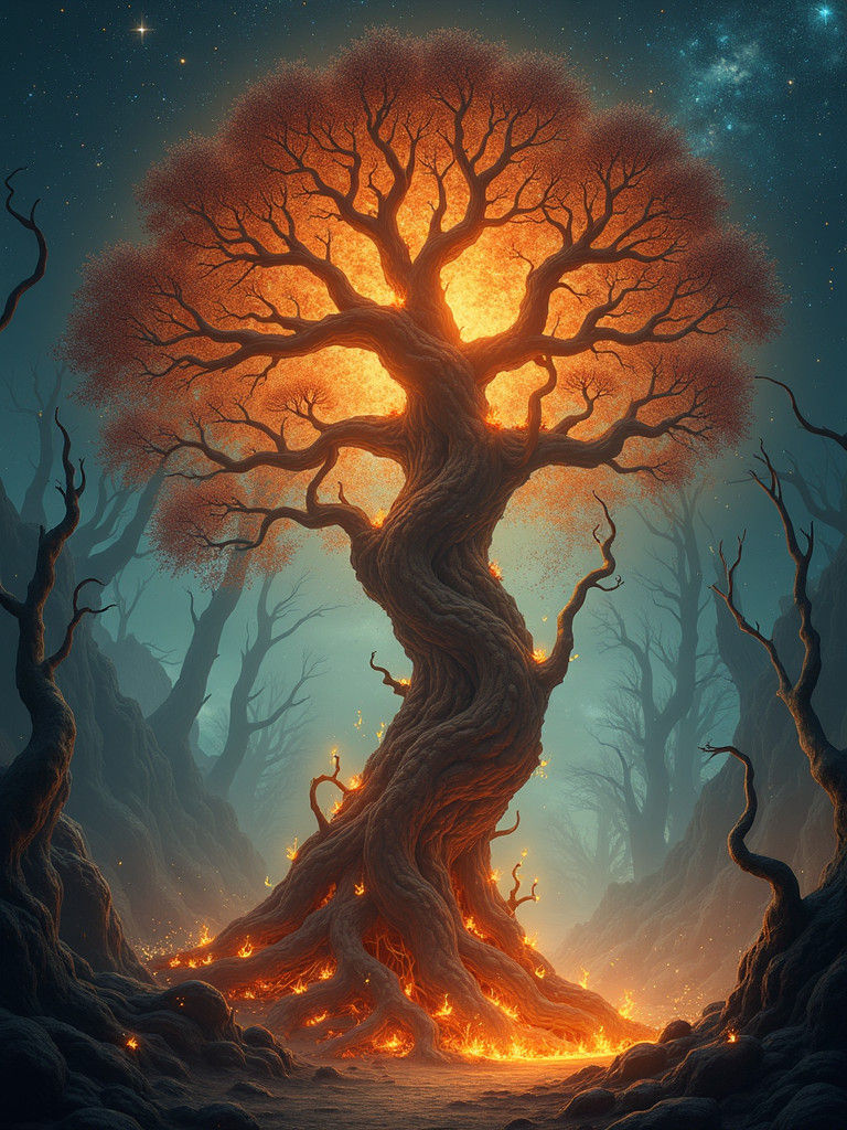 Flaming Tree in Mystical Forest Landscape