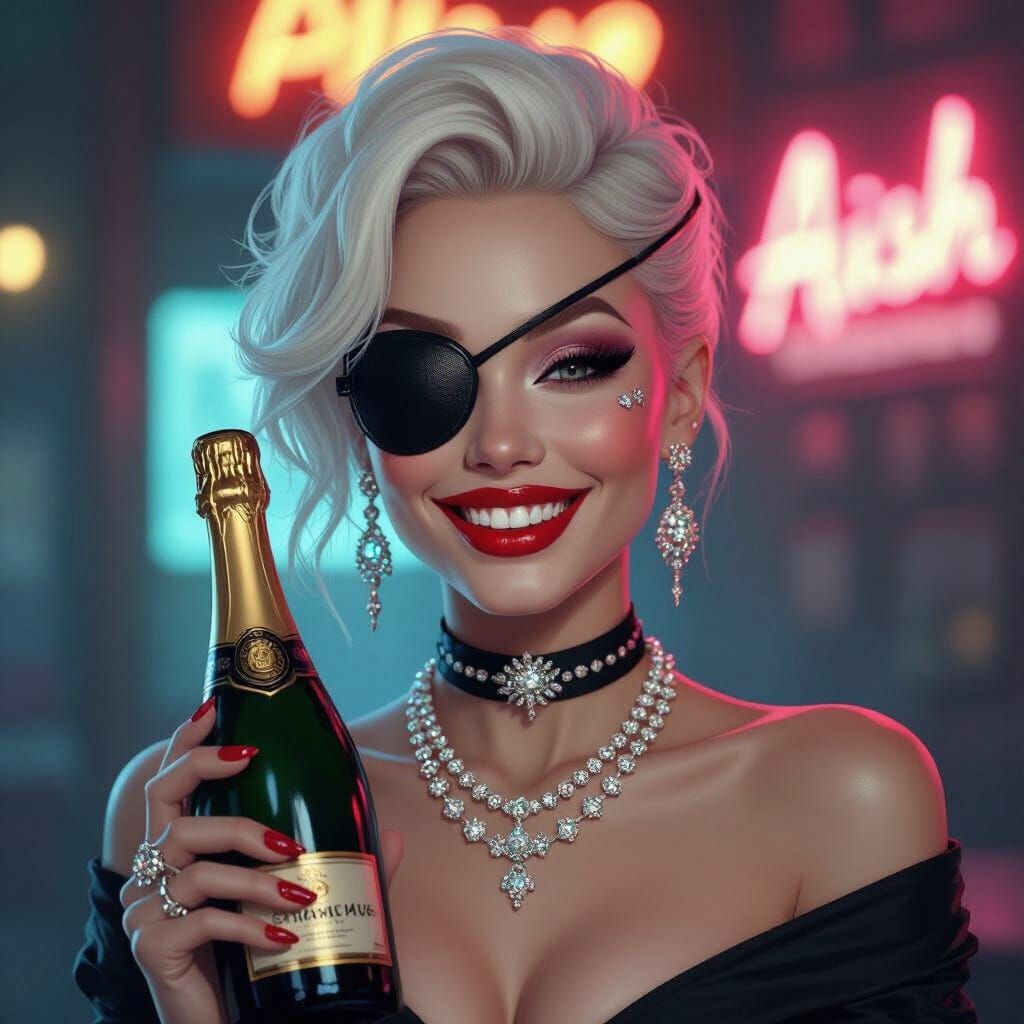 Albino Woman with Eyepatch and Champagne Bottle