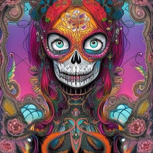 Vibrant Skull Bride in Comic Book Style
