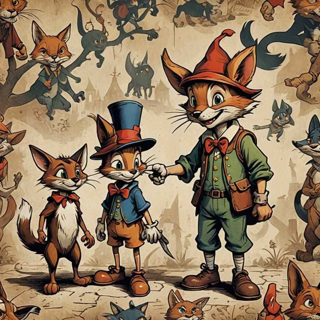 Pinocchio with Bad Cat and Evil Fox Illustration