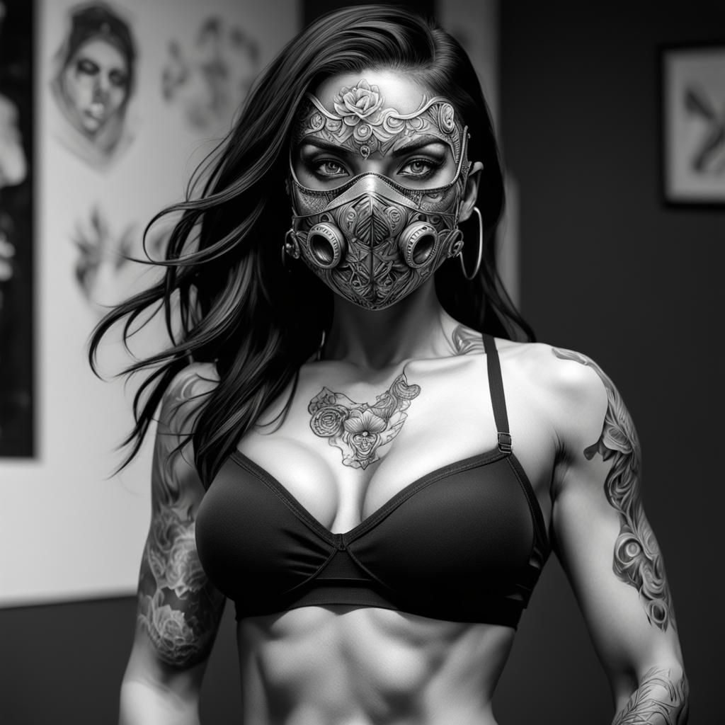 Gangsta Woman in Mask: Black and White Tattoo Design