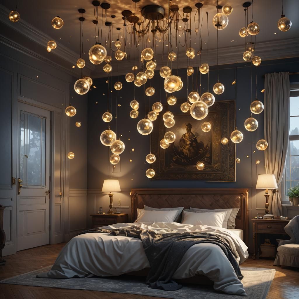 Floating Orbs of Light in Dreamy Bedroom