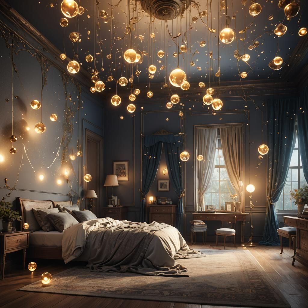 Floating Orbs of Light in Bedroom: Detailed Digital Painting
