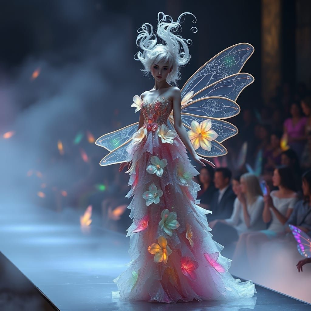 Ethereal Fairy on Catwalk in Dreamy, Surreal Fashion Scene