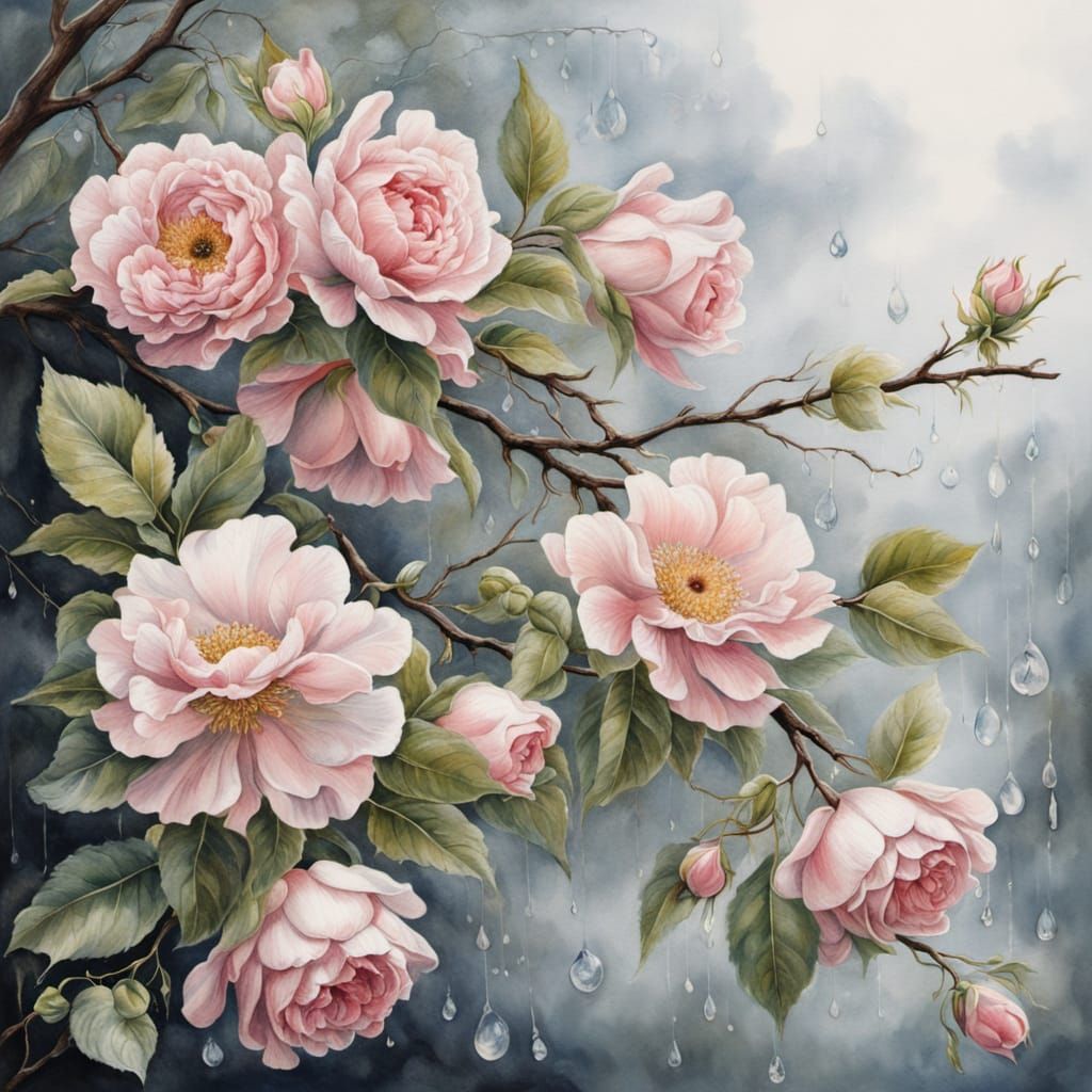 Hyperrealistic English Watercolor of Apple Tree Blooms in Mi...