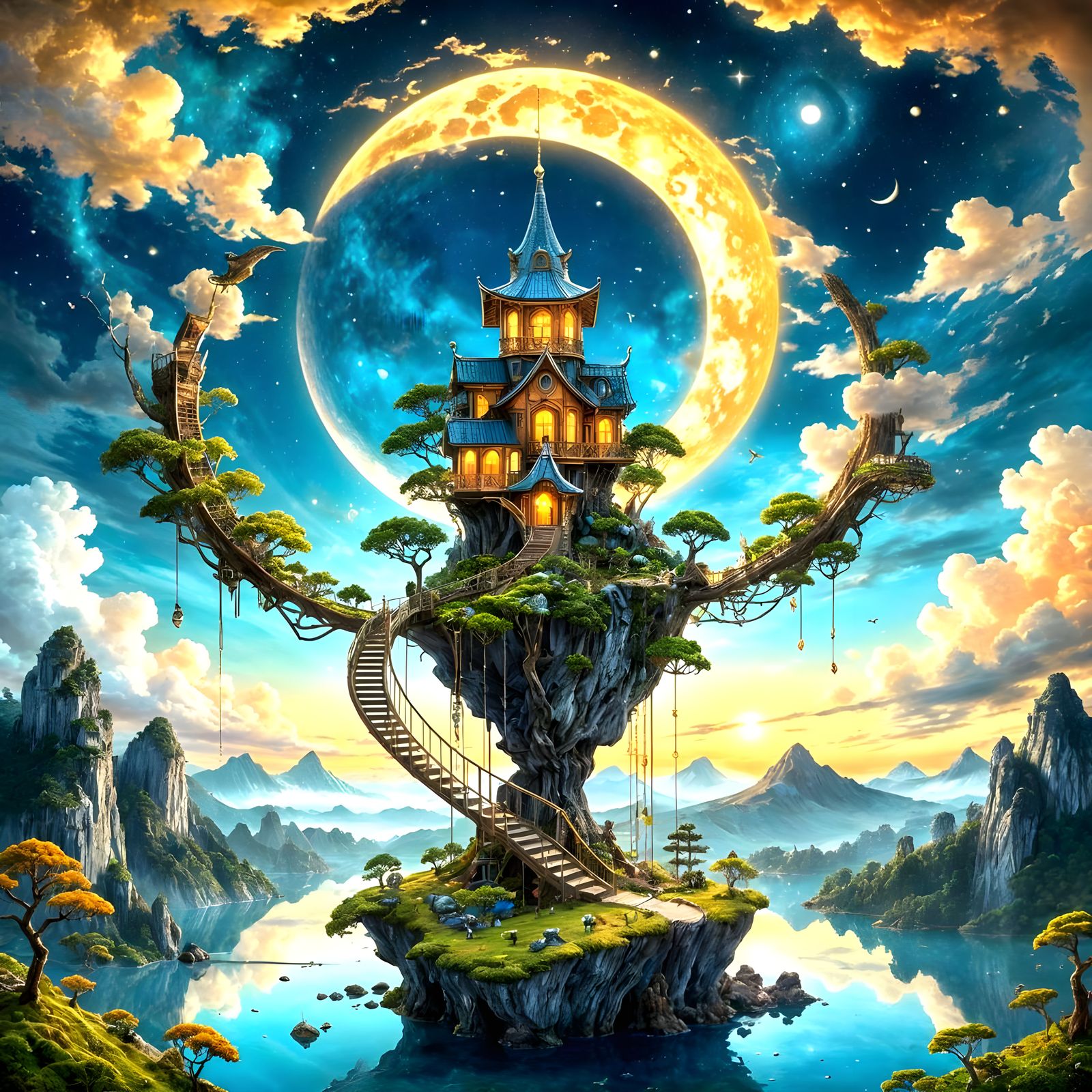 Surreal Crescent Landscape with Spiraling Tower