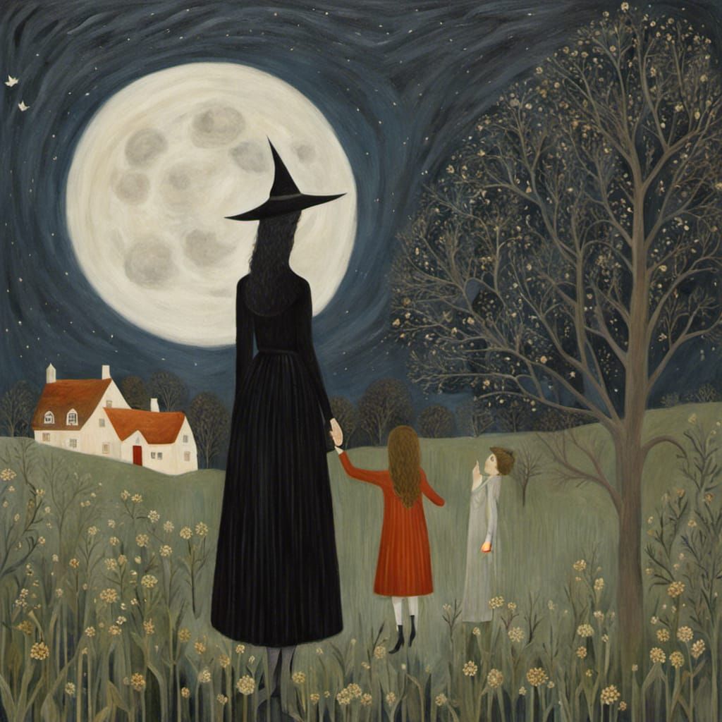 Mother and Daughter Witches Under Moonlight