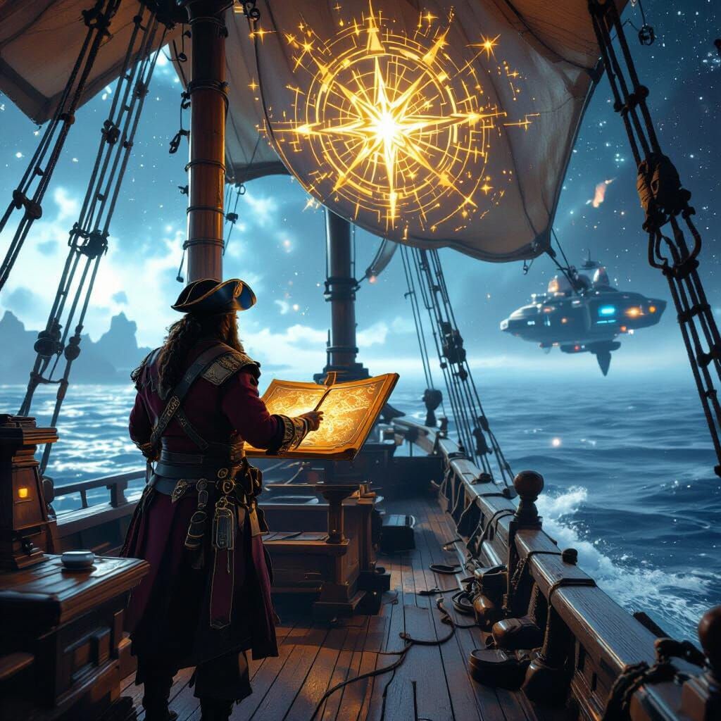 Pirate Captain and Navigator Study Star Map on Space Galleon