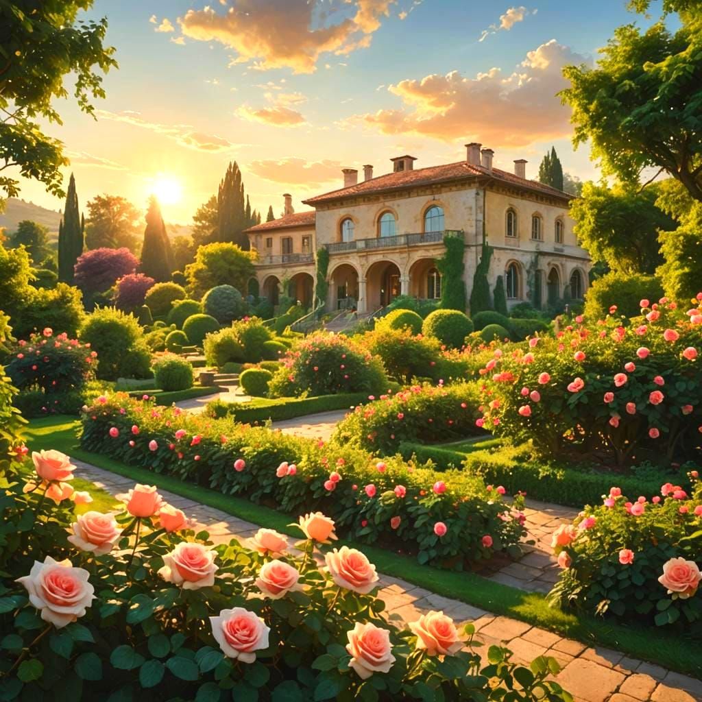 Picturesque Rose Garden in Summer Afternoon Light