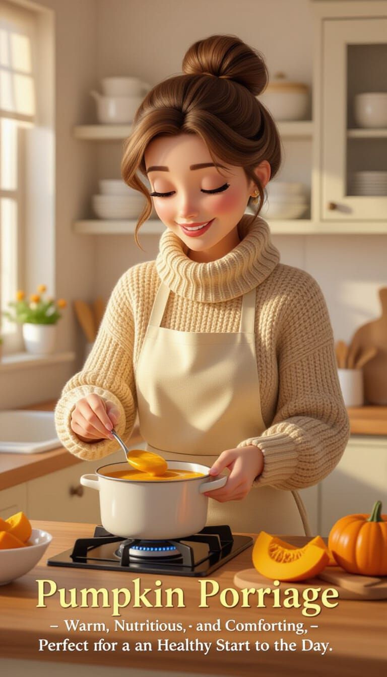 Cozy Kitchen Scene: Mother Prepares Pumpkin Porridge in Pixa...
