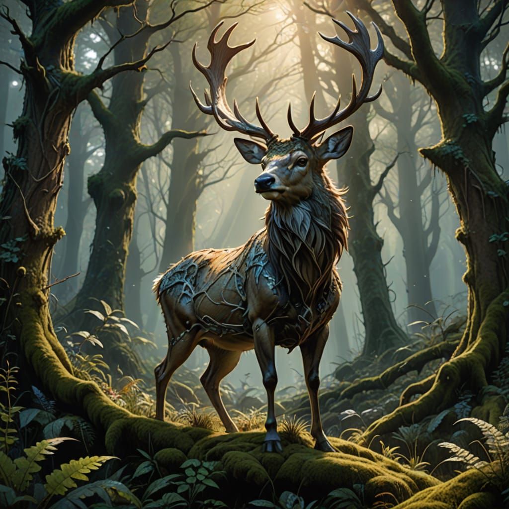 Crystal Stag in Misty Forest Clearing