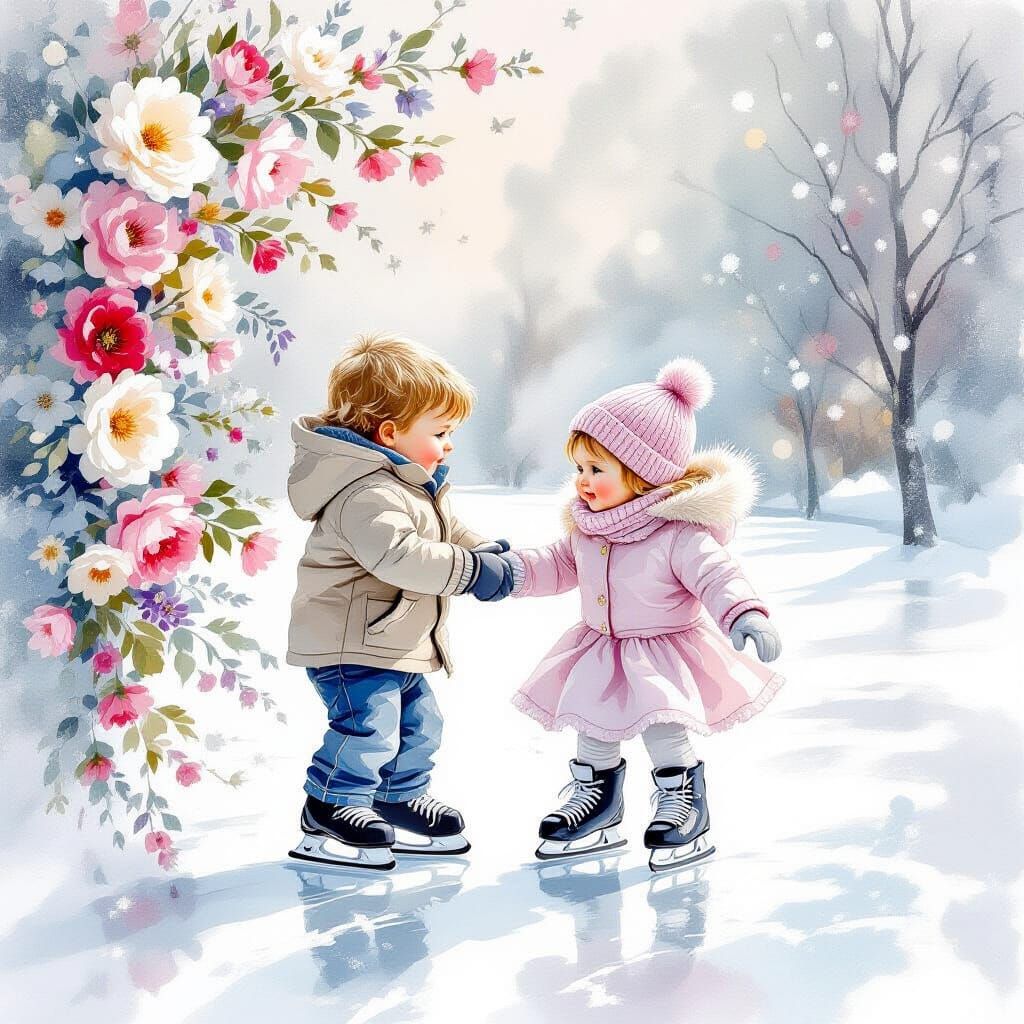 Baby Siblings Ice Skating in Watercolor Mist