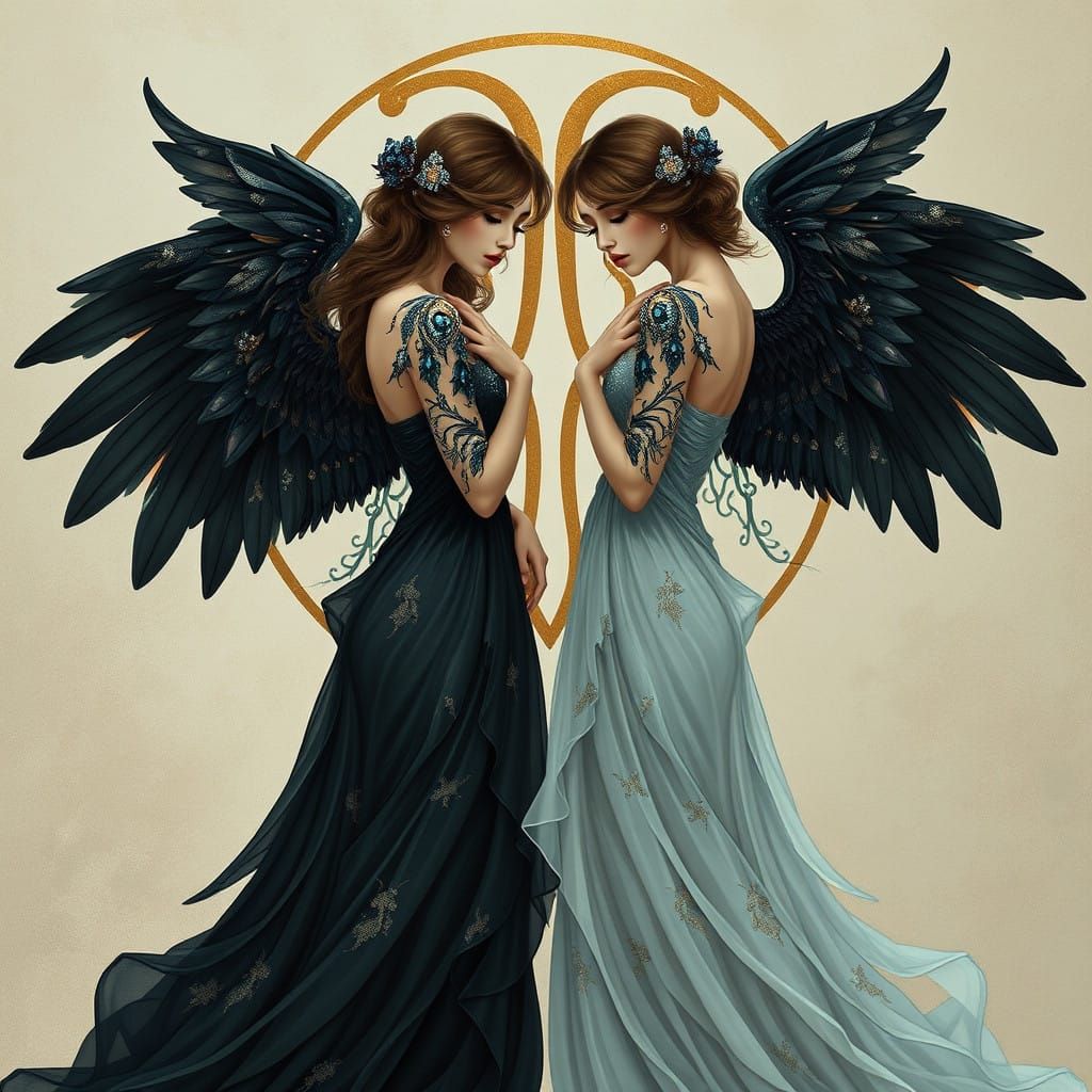 Twin Goddesses in Art Nouveau Splendor with Raven Wings