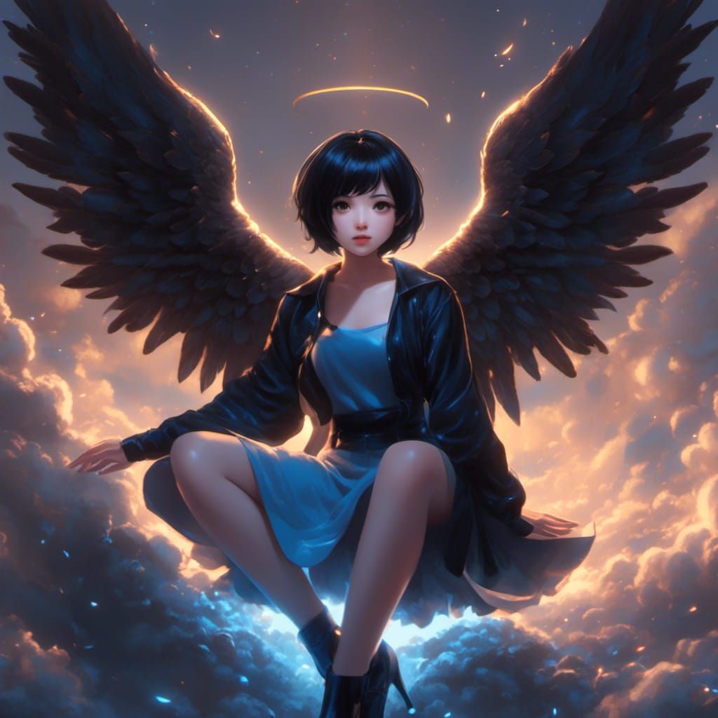 Anime Angel with Black Hair and Wings