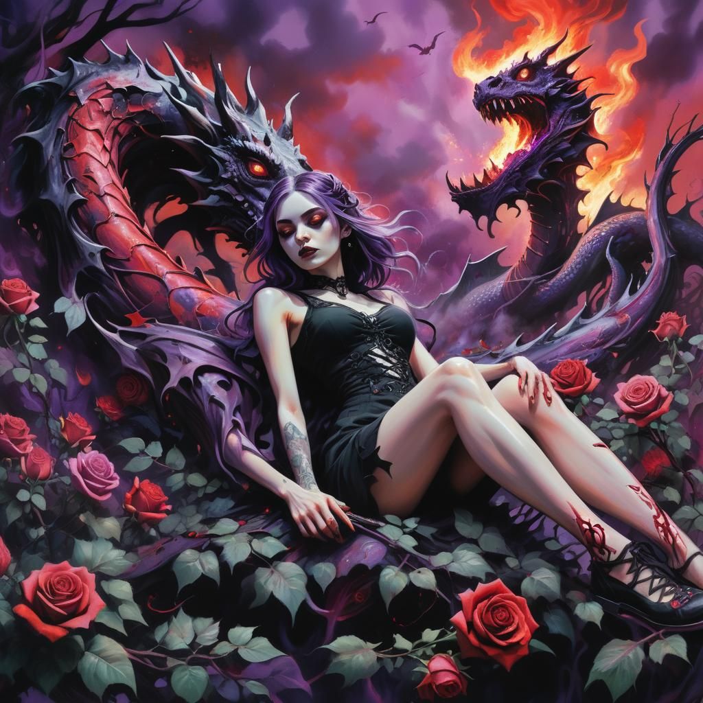 Gothic Dragon Graffiti Art in Rose Forest