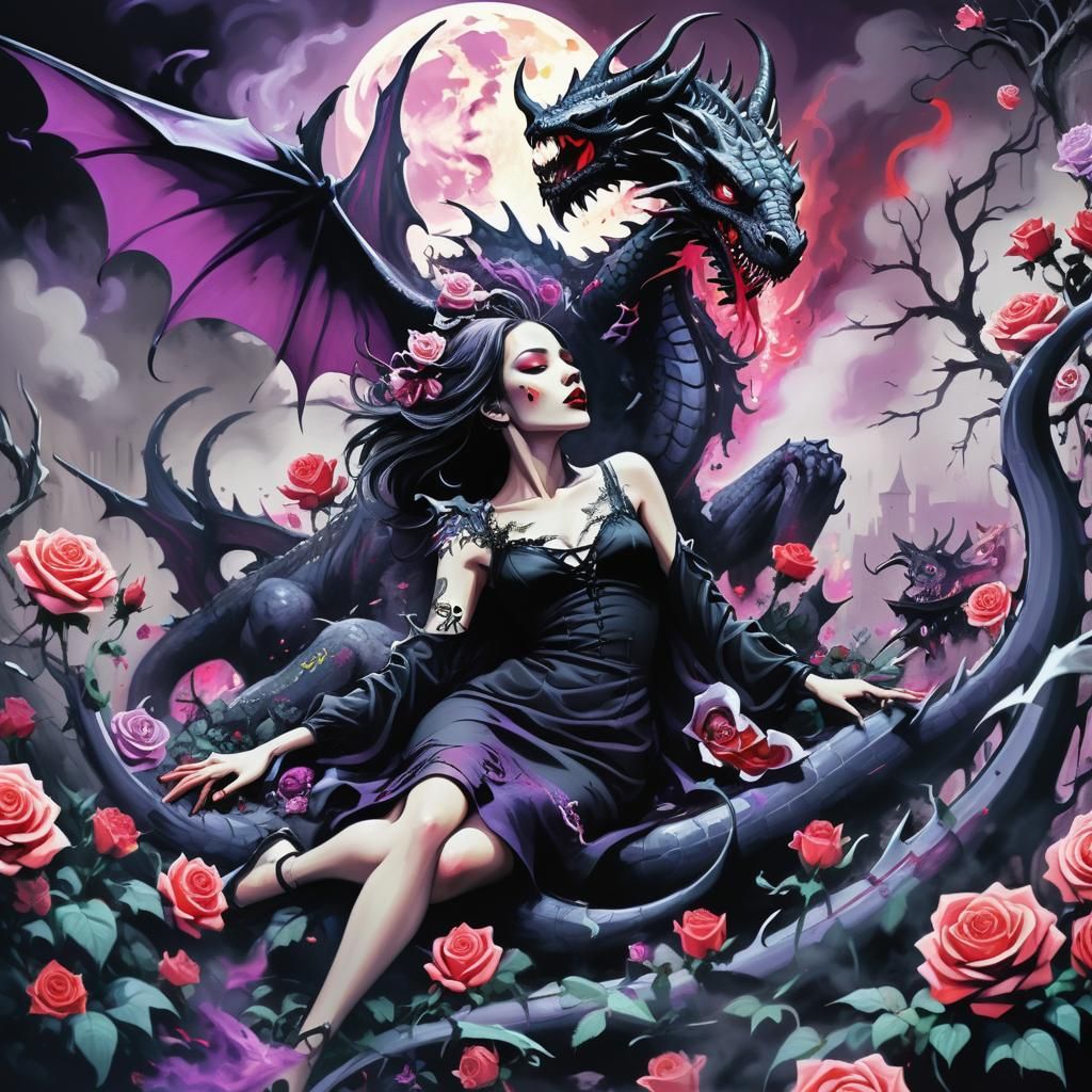 Gothic Graffiti Dragon and Blood Moon Fantasy