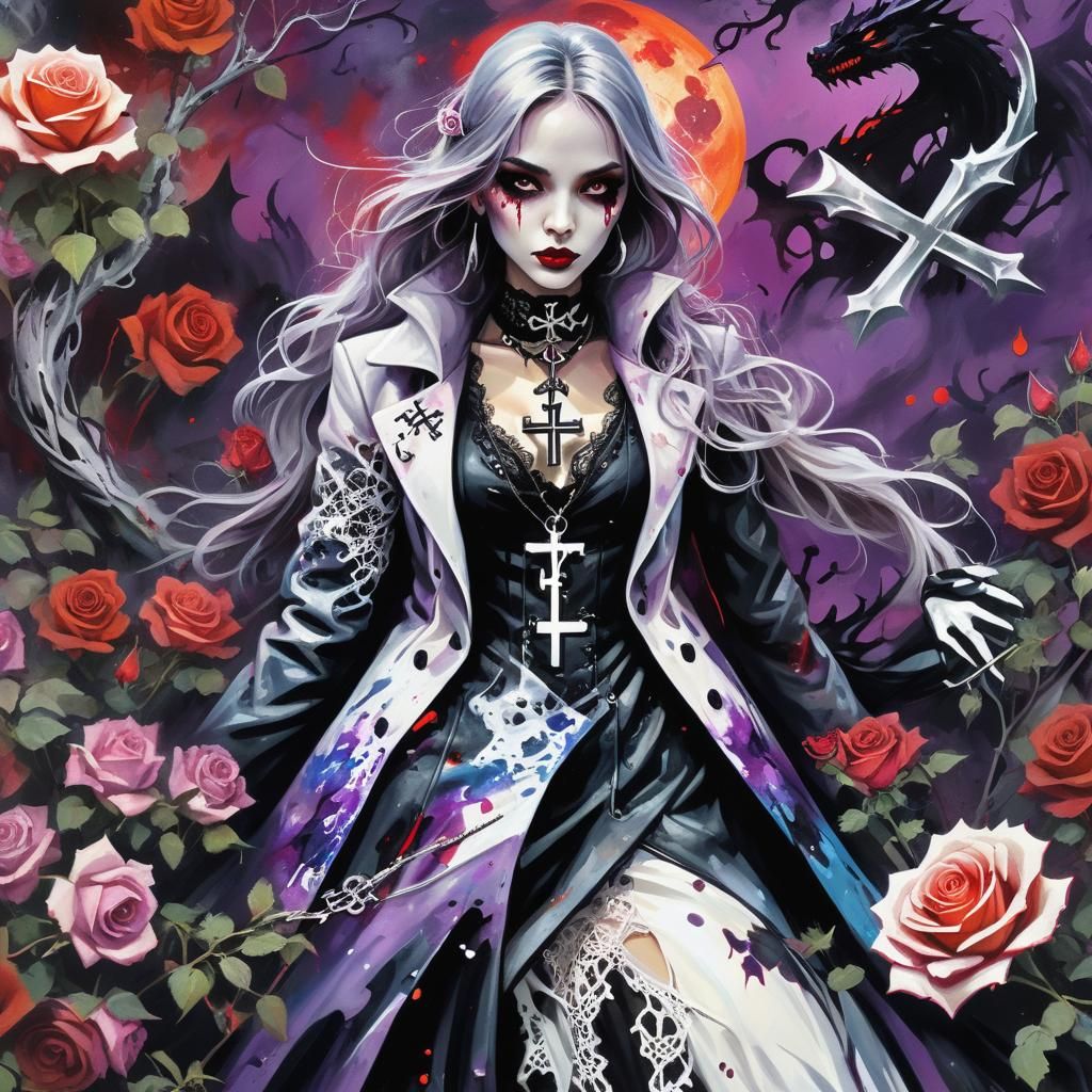 Gothic Girl, Dragon, and Blood Moon in Graffiti Art