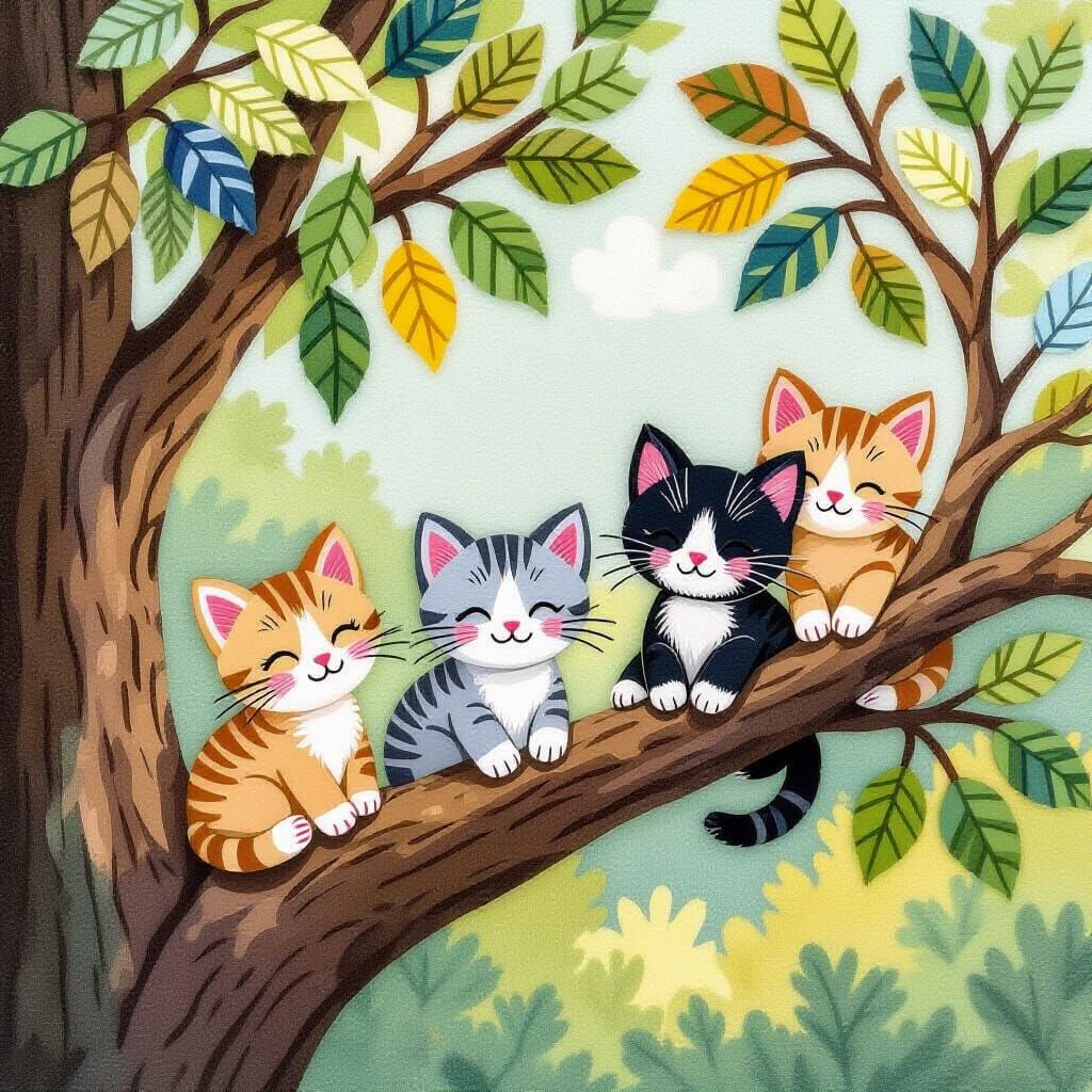 Kittens Lounging in Tree: Layered Felt Cloth Style