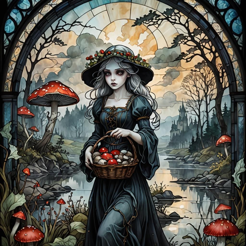 Art Nouveau Stained Glass Lady Death Landscape