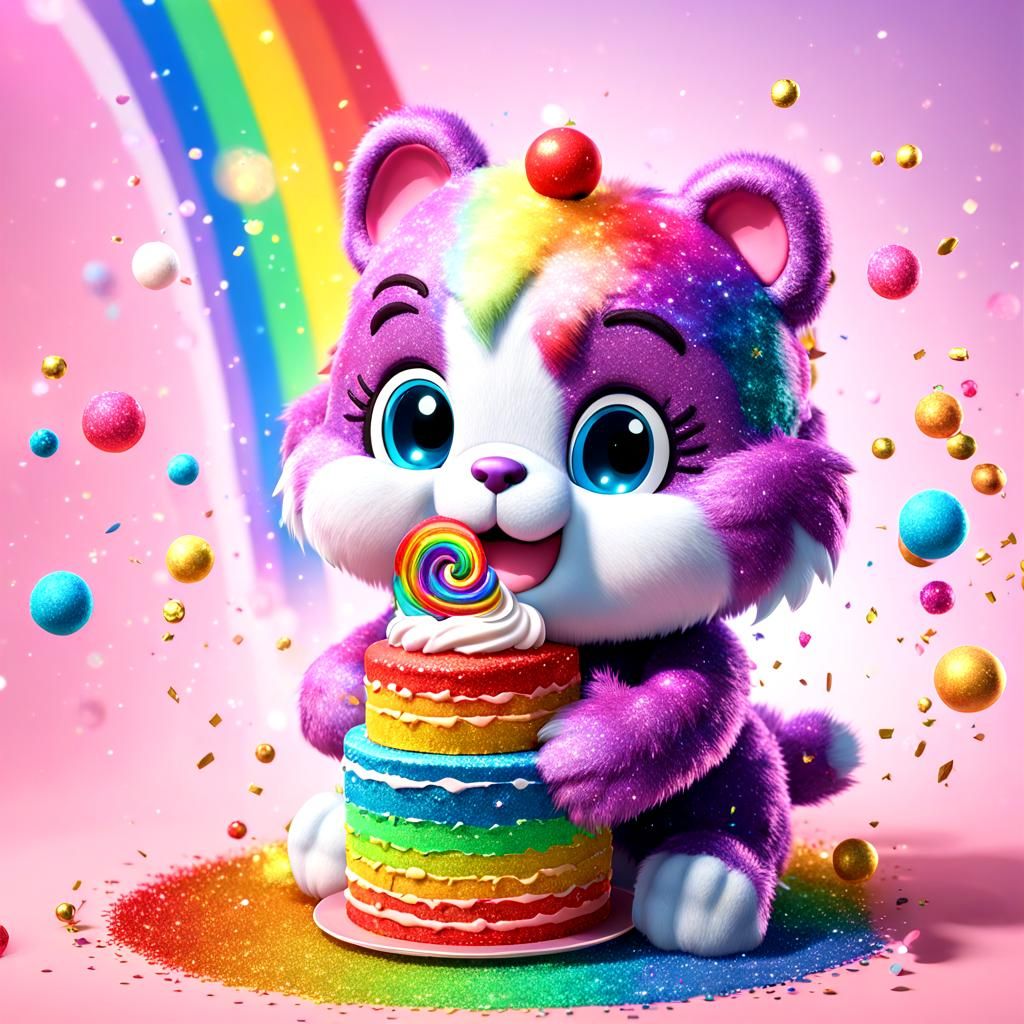 Care bear cat, rainbow glitter explosion, cake background, 8...