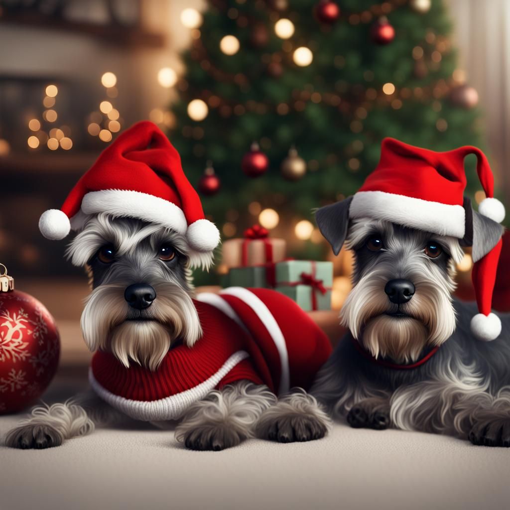 Miniature Schnauzers Celebrate Christmas: Hyperrealistic Art