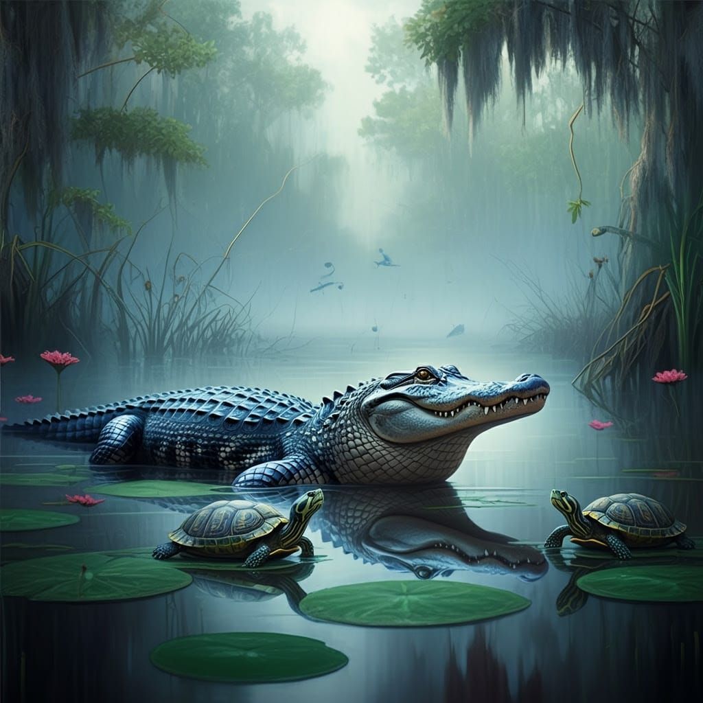 Alligator in Dreamlike Wetlands: Ethereal Realism