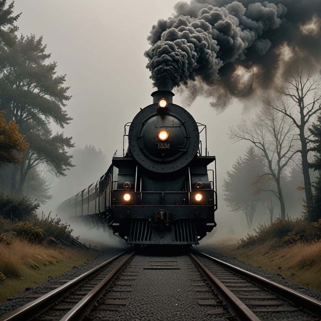 Train Emerges from Fog in Cinematic Digital Art