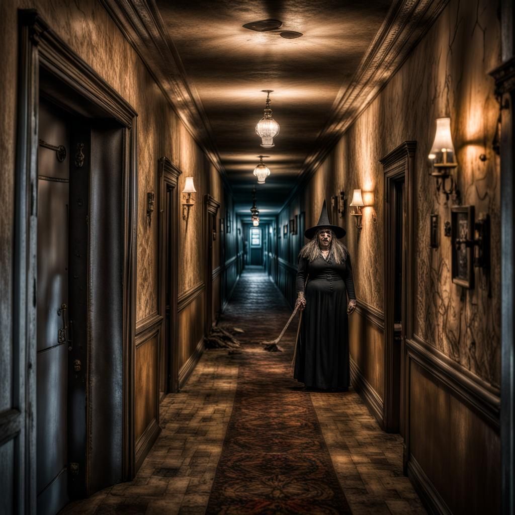 Creepy Witch Chase in Detailed Hallway