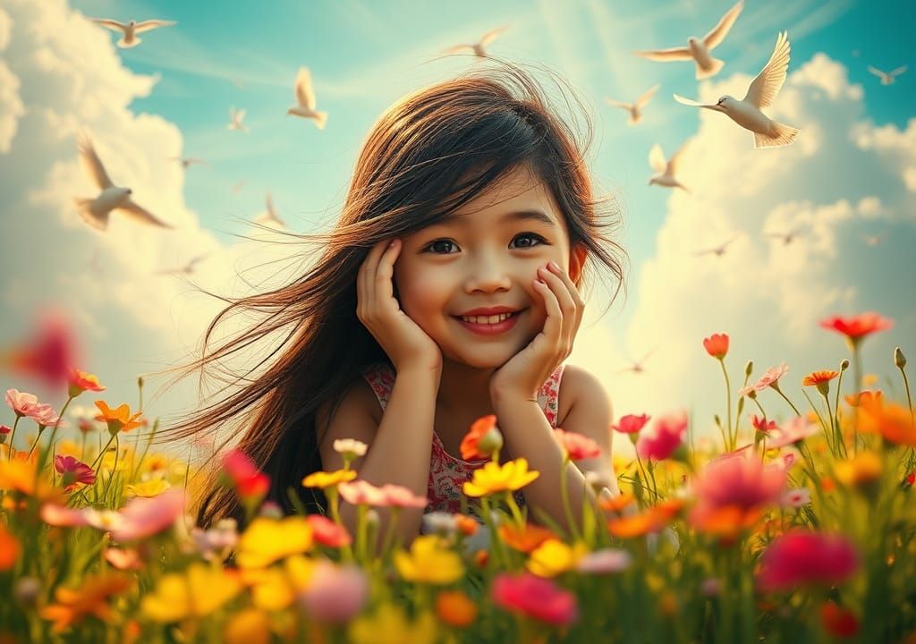 Girl in Flower Meadow, Hyperdetailed Portrait in Artgerm Sty...