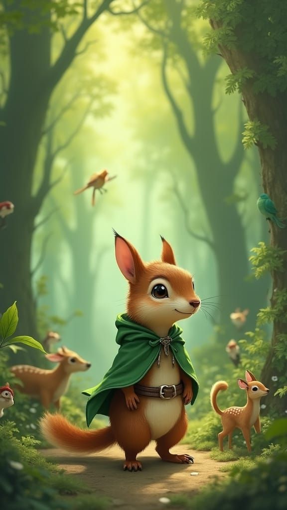 Brave Squirrel in Emerald Forest, Whimsical Art Style