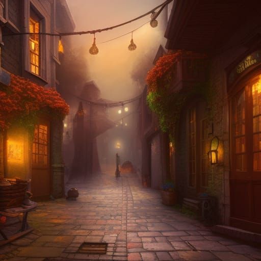 Charming Coffee Shop in a Warmly Lit Alley