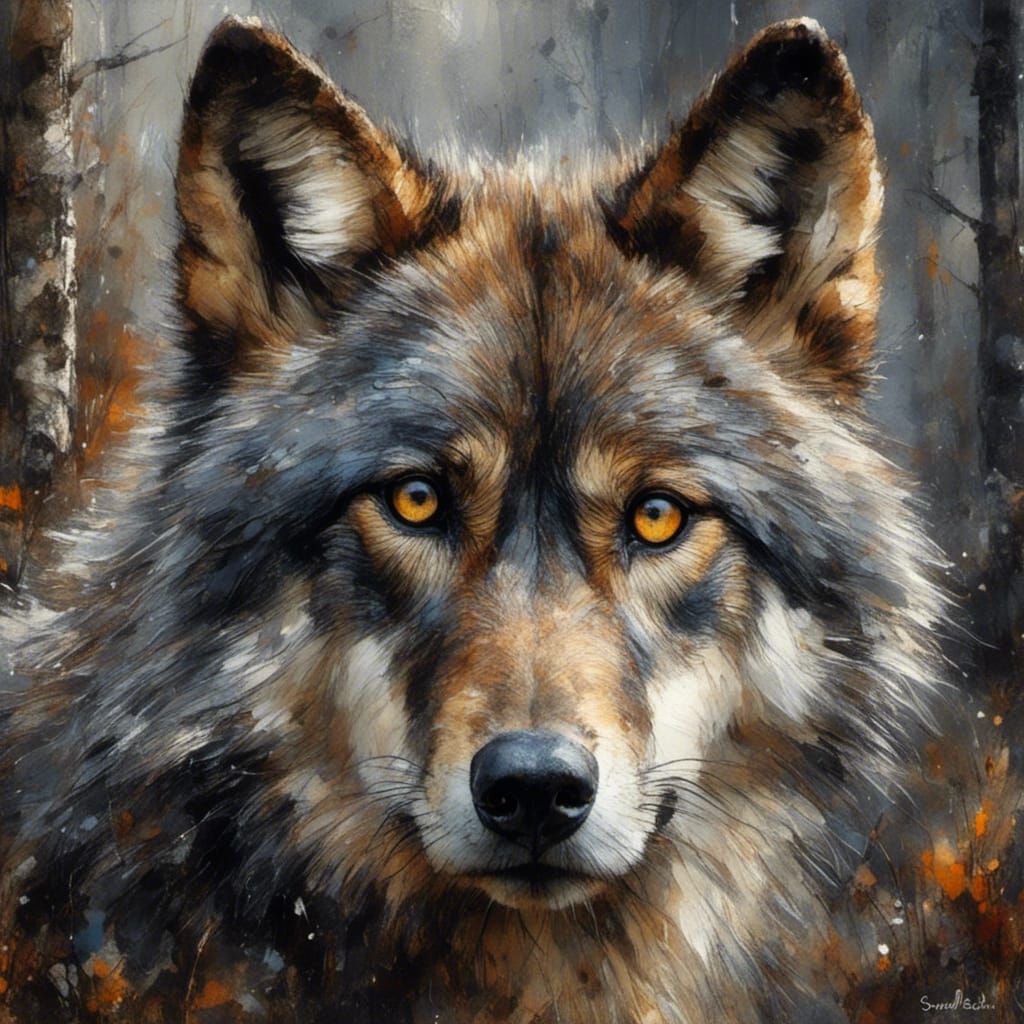 Striking Grey Wolf Portrait in Splash Art Style