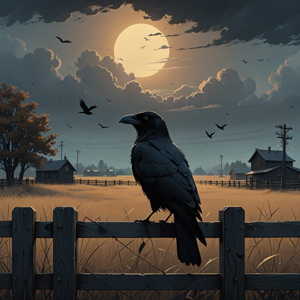 Mysterious Songbirds Perch on Weathered Fence Against Darken...