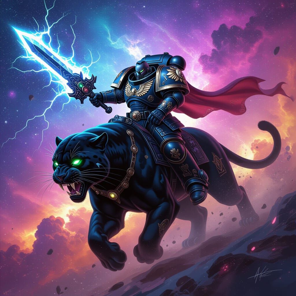 Space Marine on Panther in Nebula, Dark Fantasy Art
