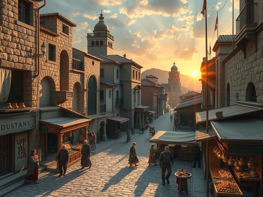 Ancient City at Dawn, in a Whimsical Illustrative Style