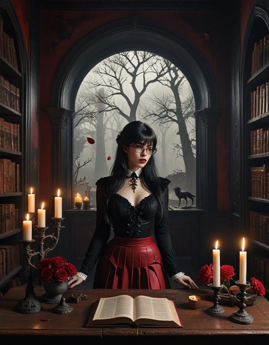 Gothic Library Scholar Under Blood Moon Sky