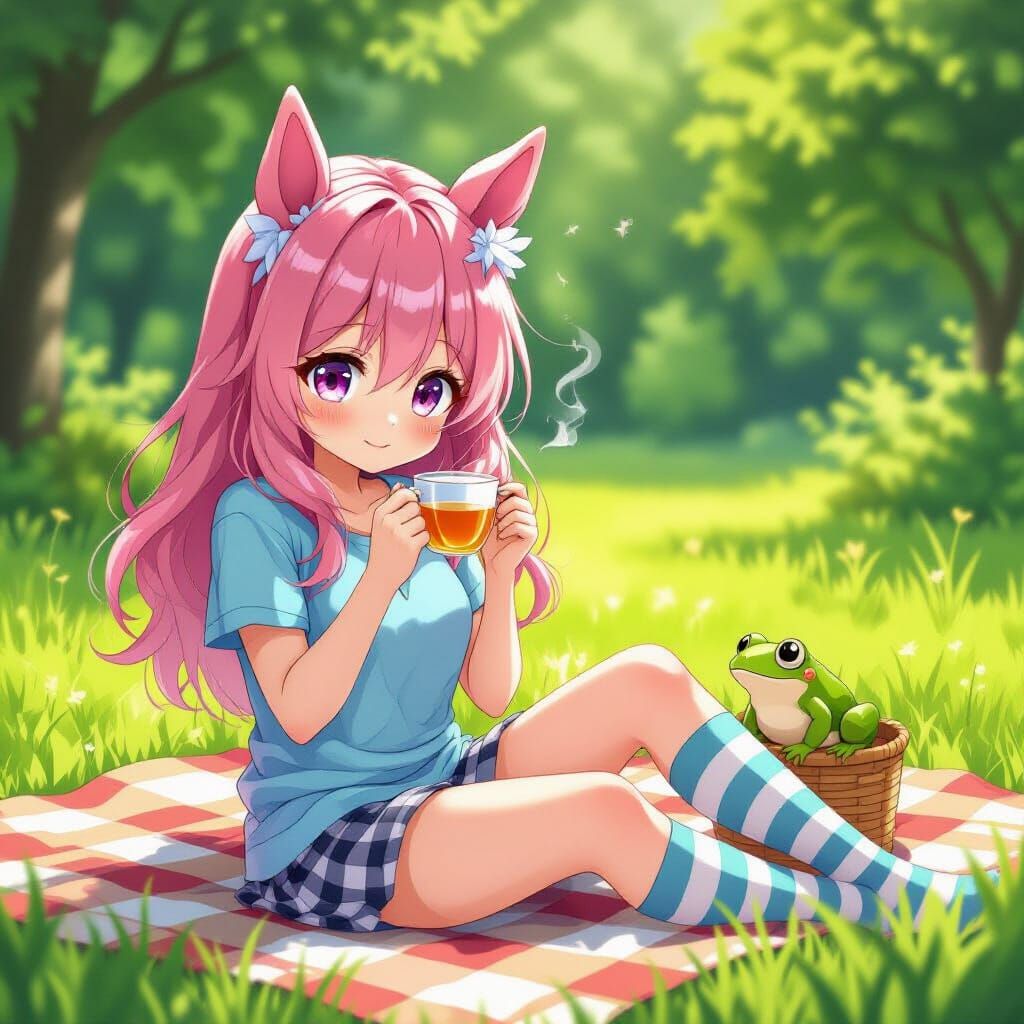 Anime Girl with Horse Ears Drinking Tea, Manga Style
