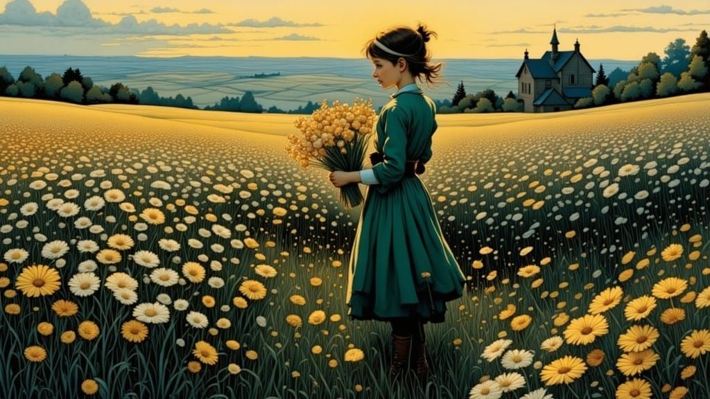 Girl in Flower Field, Romantic Era Style