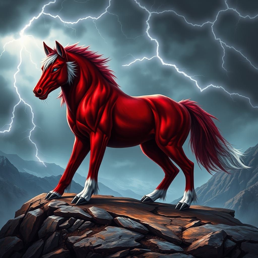 Majestic Red Equine-Lupine Hybrid on Windswept Plateau