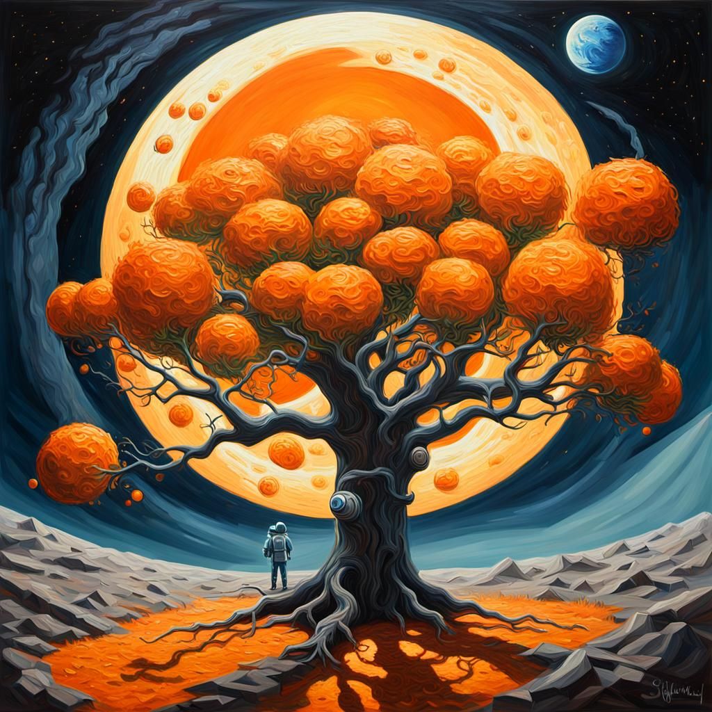 Surreal Orange Tree on the Moon as Oil Painting