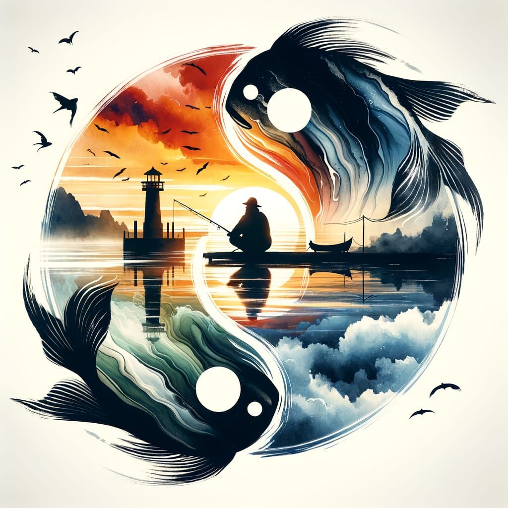Yin Yang Fisherman Silhouette with Sunrise: Alcohol Ink Art
