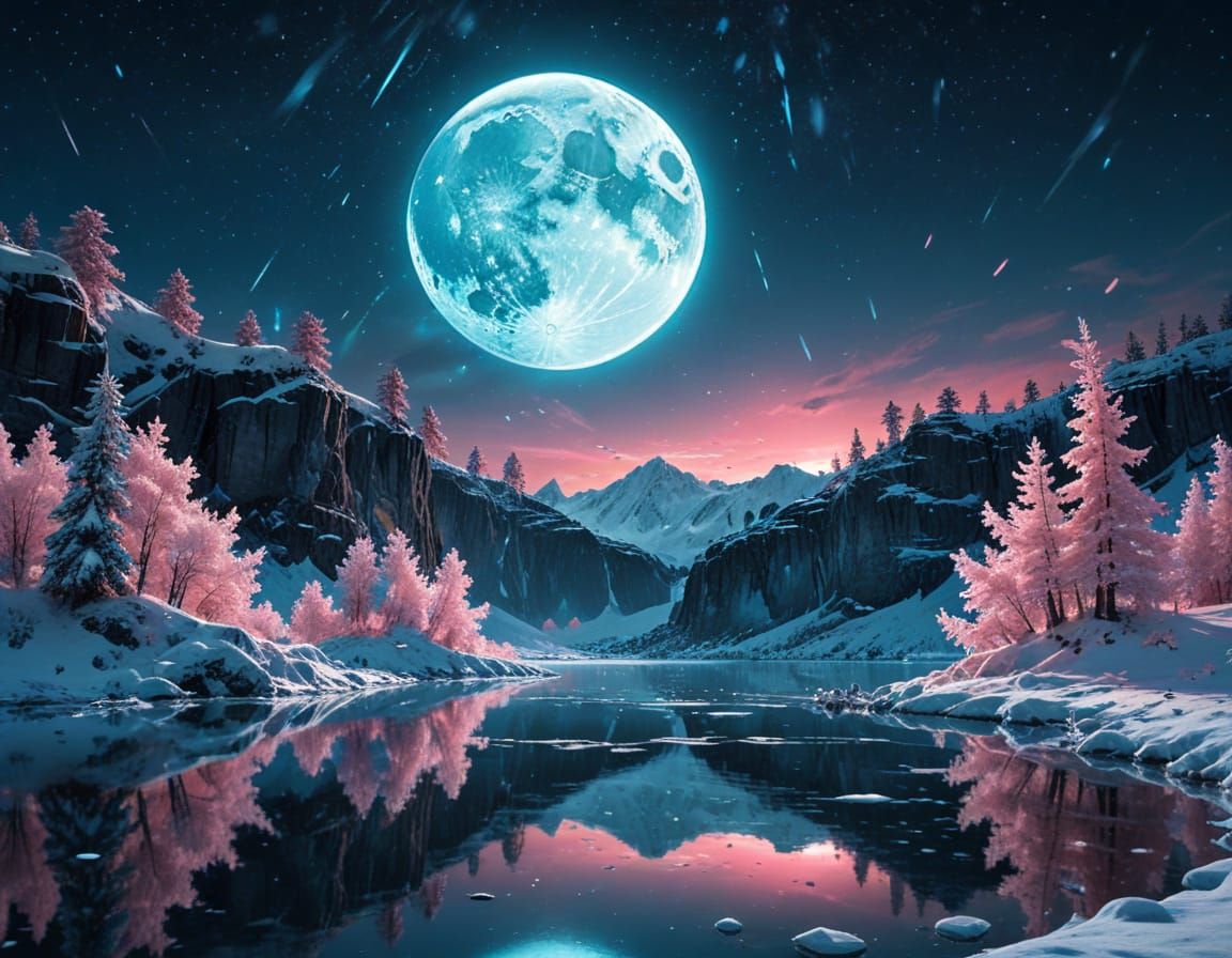 Glowing Pink and Turquoise Moon Over Winter Landscape