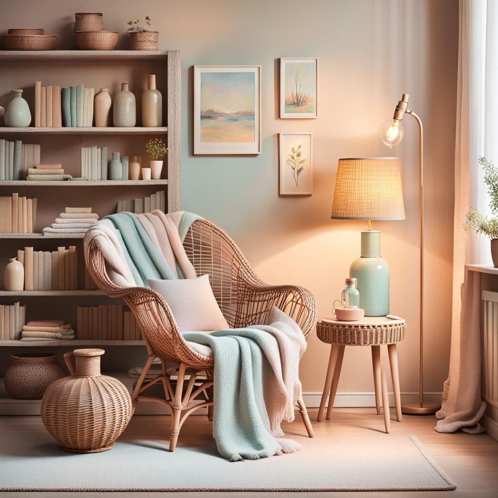 Whimsical Pastel Interior with Wicker Furniture