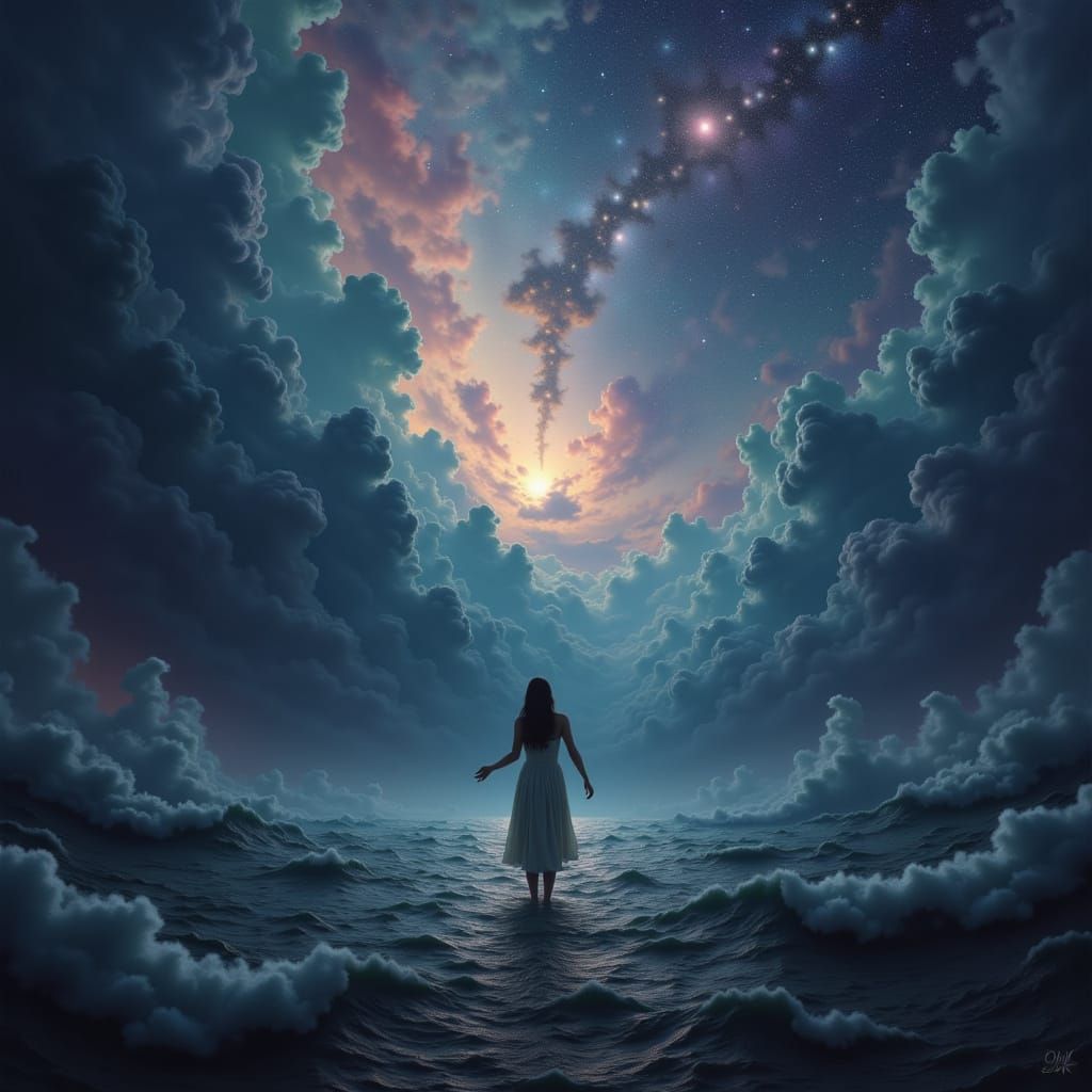 Cosmic Sorrow: Figure Drowning in Starlight Nebulae