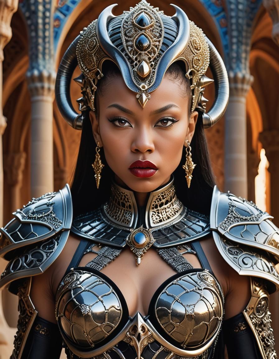 Blasian Khorne Female in Gaudi Giger Armor Portrait