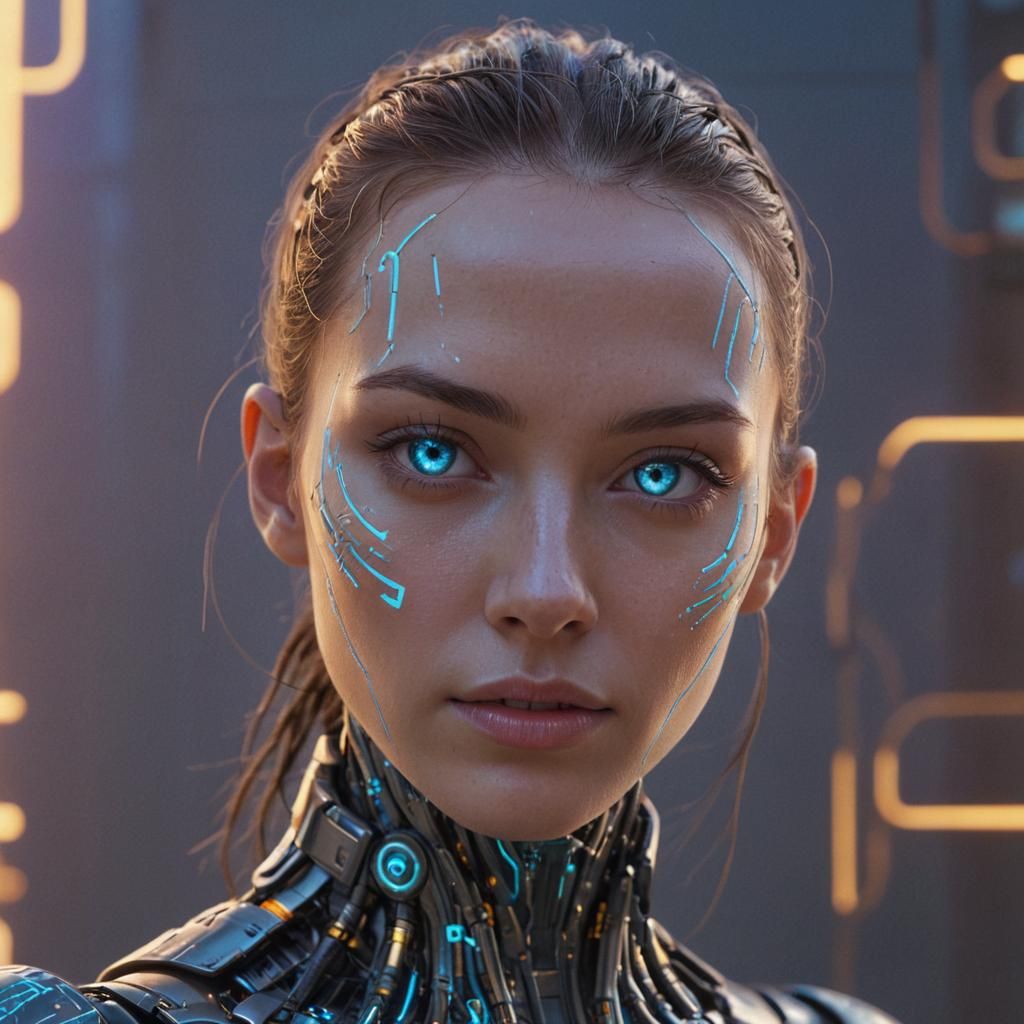 Android Gazing at Digital Sunset: Futuristic Concept Art