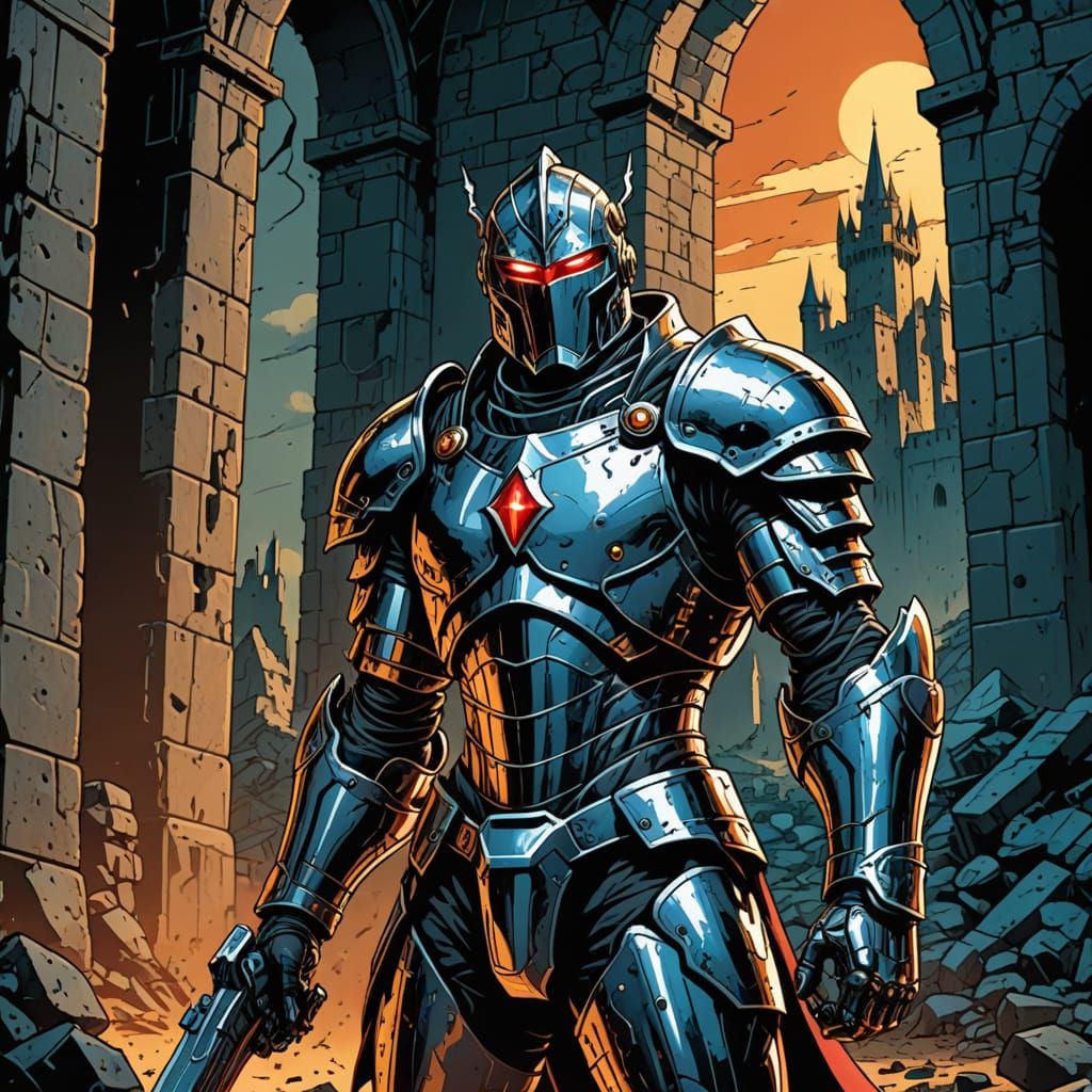 Cyborg Knight in Ruined Castle Comic Art