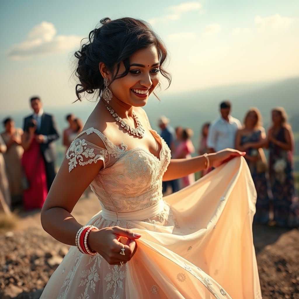 Elegant Indian Woman in Wedding Gown with Latte Curls